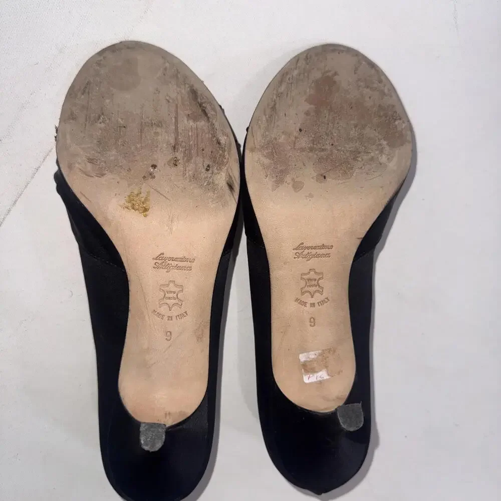 Butter For Diane B Satin Peep Toe Italian Black Minimalist Pumps‎ Heels Size 9